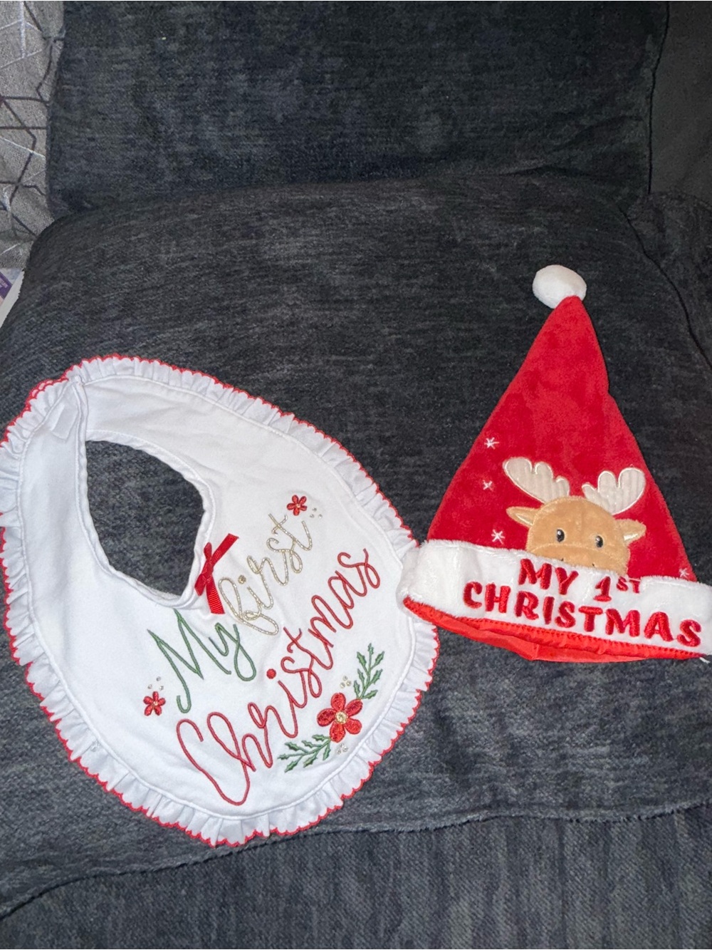 Baby My First Christmas Bib & Santa Hat Set Reindeer Holiday Christmas